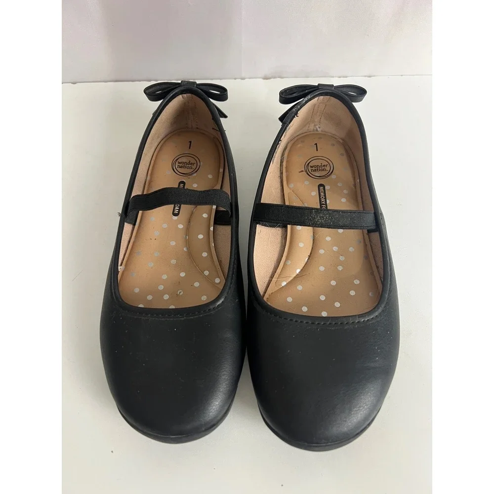 Wonder Nation Girls Black Ballet Flats Memory Foam Bow Back Shoes Size 1